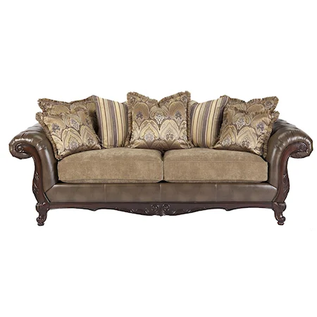 Traditional Loose Pillow Back Sofa with Exposed Wood